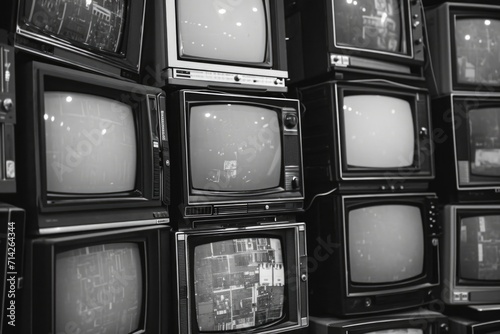 A black and white photo of a bunch of televisions. Suitable for use in media, technology, or vintage-themed projects