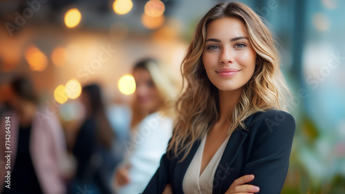 Confident businesswoman leader smiling and standing with folded arms in front of business team in office.