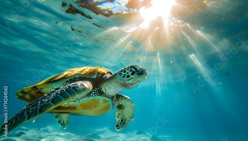 a turtle swimming under the sun in the ocean