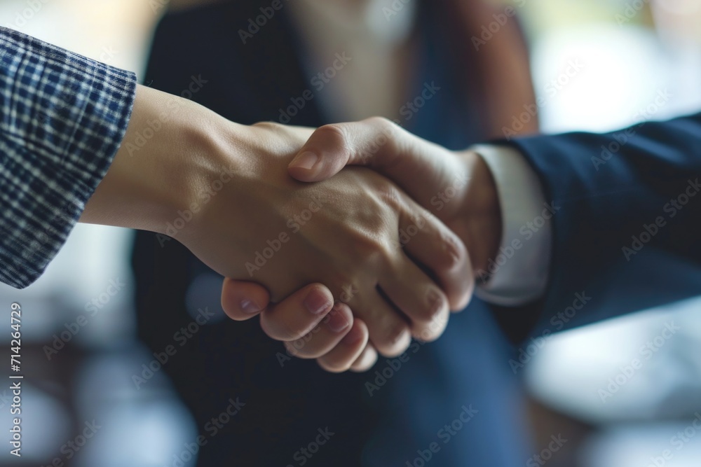 Two people shaking hands in a close-up shot. Suitable for business and professional themes