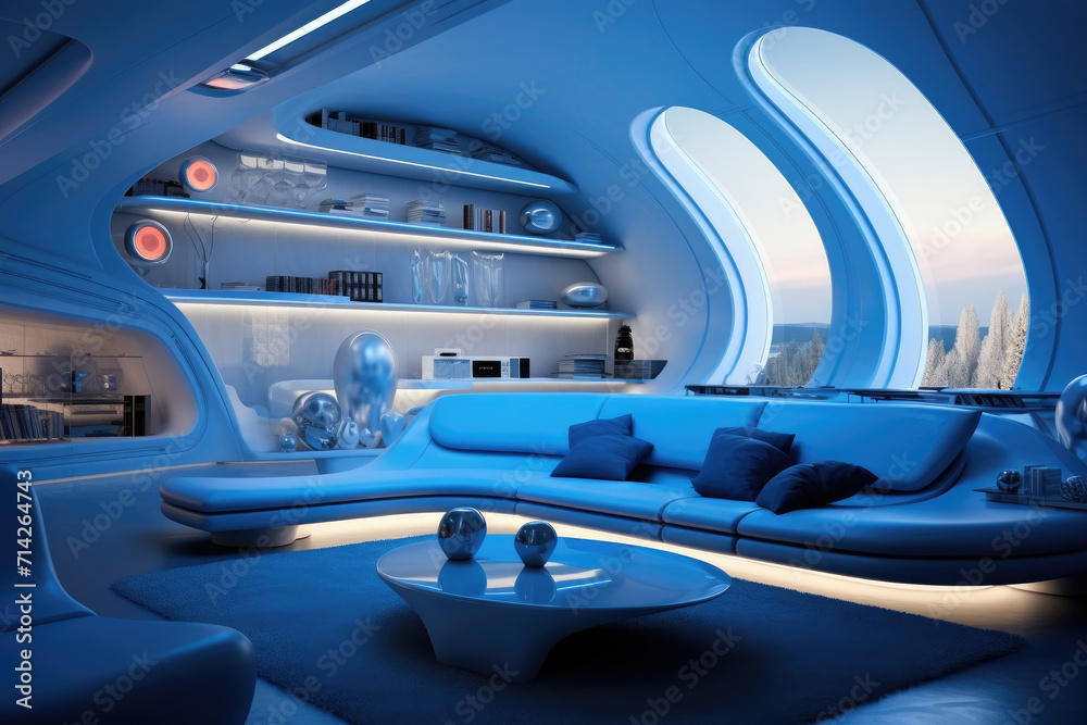 Sofa set and decoration minimal modern futuristic living room interior design true blue colors ...