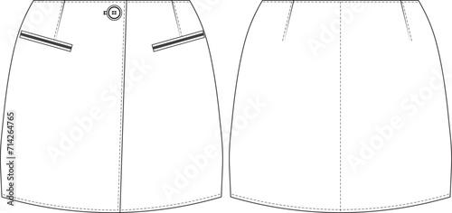 with welt pocket buttoned darted mini skirt template technical drawing flat sketch cad mockup fashion woman design style model jeans denim