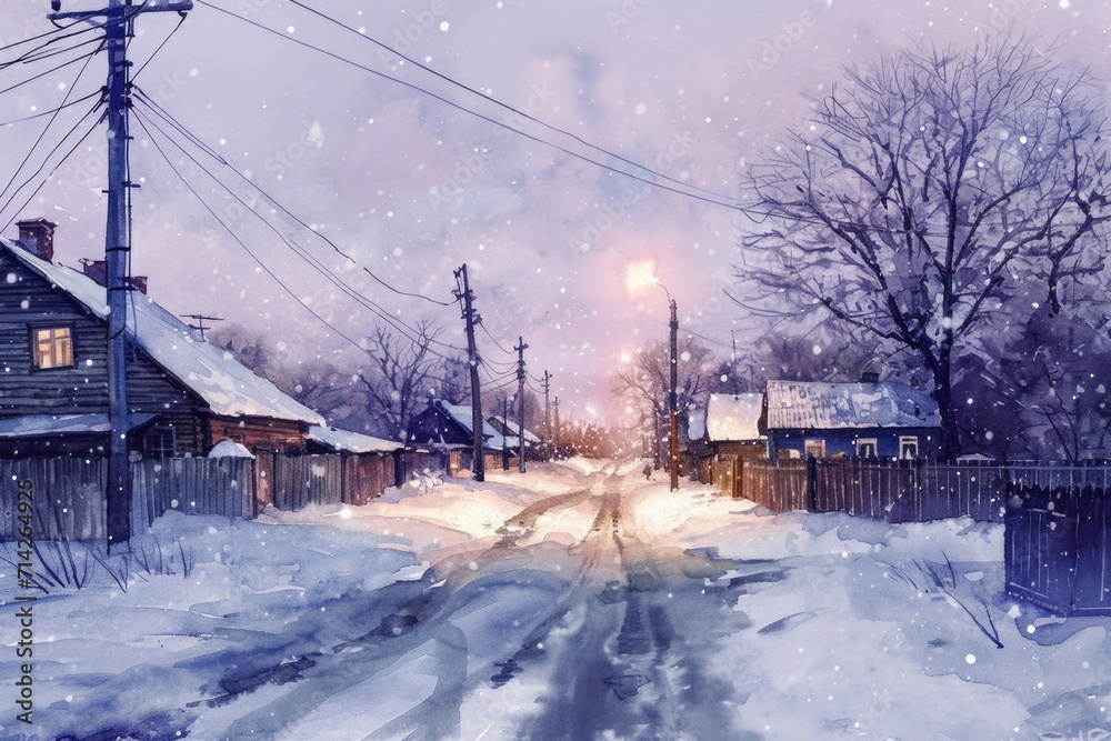 A painting depicting a snow-covered street in a quaint village. Perfect for winter-themed designs or holiday greeting cards A painting depicting a snow-covered street in a quaint village. Perfect for winter-themed designs or holiday greeting cards