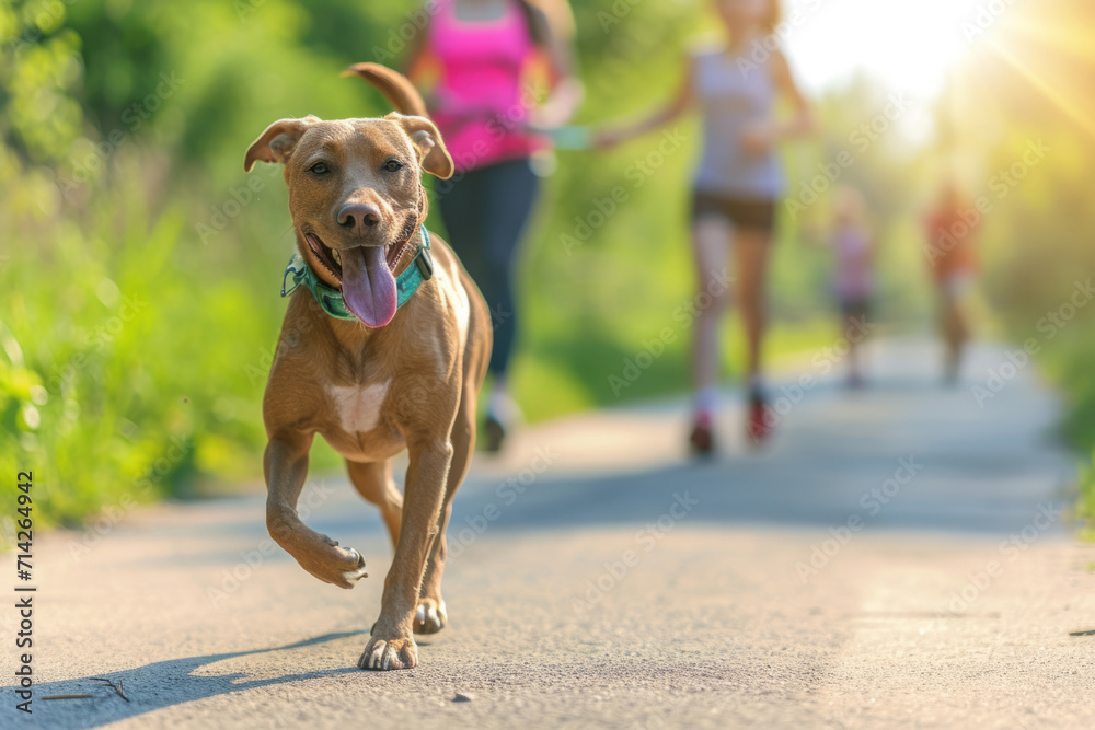 Dog joining a family jog. Happy family with dog running outdoors. Generative AI Dog joining a family jog. Happy family with dog running outdoors. Generative AI