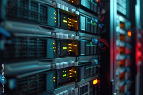 A picture of a server room with a row of servers. This image can be used to illustrate technology, data storage, networking, or IT concepts