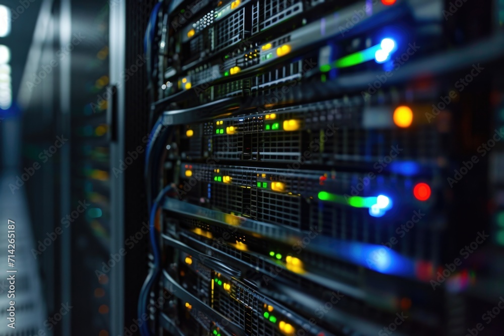 A row of servers in a data center. Suitable for technology and networking concepts A row of servers in a data center. Suitable for technology and networking concepts