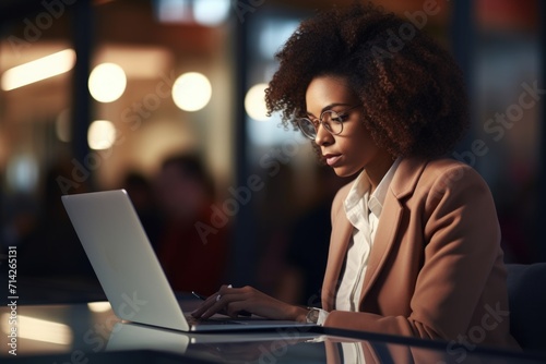 African American Businesswoman Using Laptop In Modern Office. Copy Space