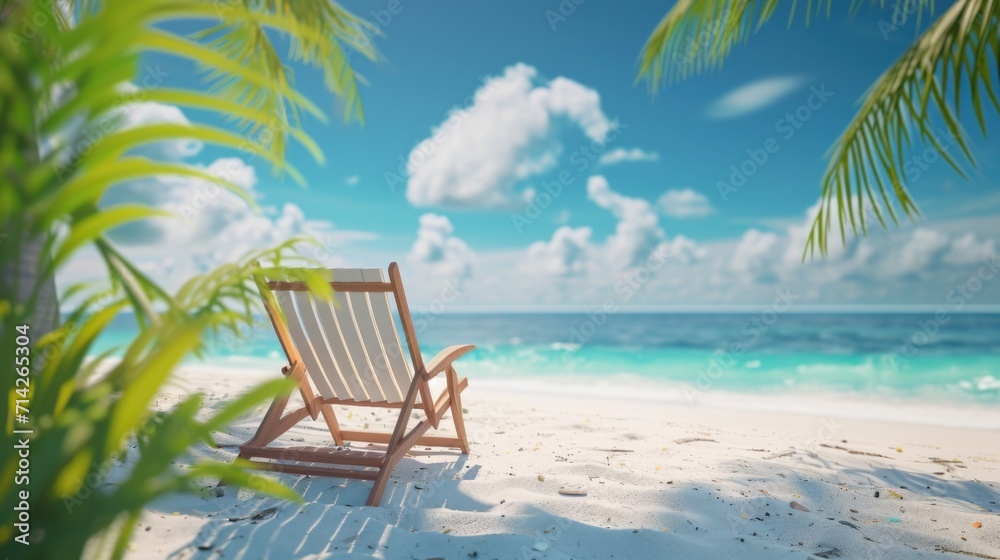 A beach chair sitting on top of a sandy beach. Perfect for summer vacation or relaxation-themed projects