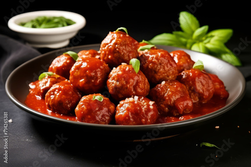 Plate of tasty meatballs with tomato sauce. Generative AI