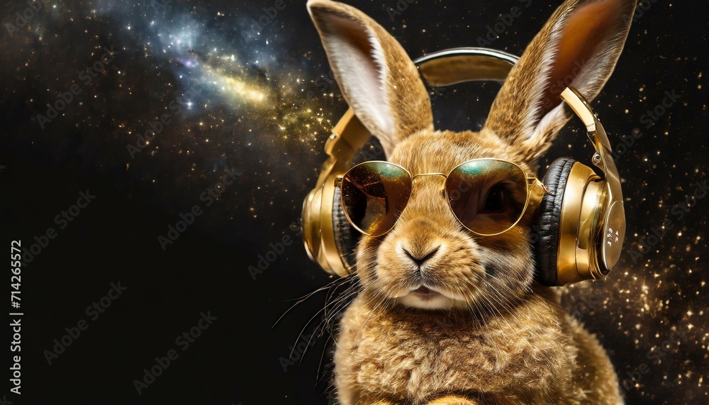 golden rabbit with sunglasses and headphones in front of black background with universe