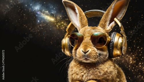 golden rabbit with sunglasses and headphones in front of black background with universe © creativemariolorek