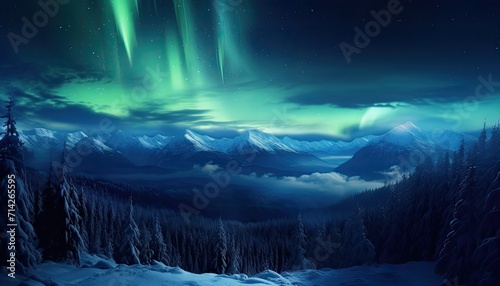 View of night sky with multicolored aurora borealis and snowy mountains peak background. Night glows in vibrant aurora reflection on the lake with forest. 