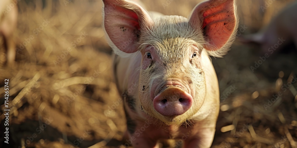 Fototapeta premium A pig standing in a pile of hay. This image can be used to depict farm animals or agriculture