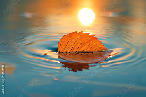 Closeup photo of a leaf floating on its side on the surface of the water, sunny natural light, reflection of the sun