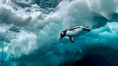 a penguin swimming in the water near an iceberg