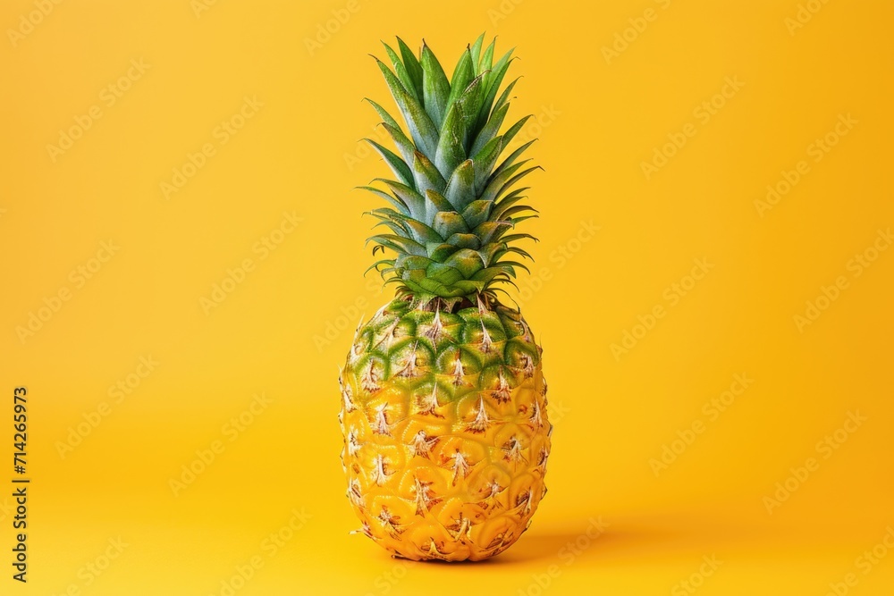 A pineapple sitting on a yellow surface. Can be used for tropical-themed designs or as a symbol of summer and freshness A pineapple sitting on a yellow surface. Can be used for tropical-themed designs or as a symbol of summer and freshness