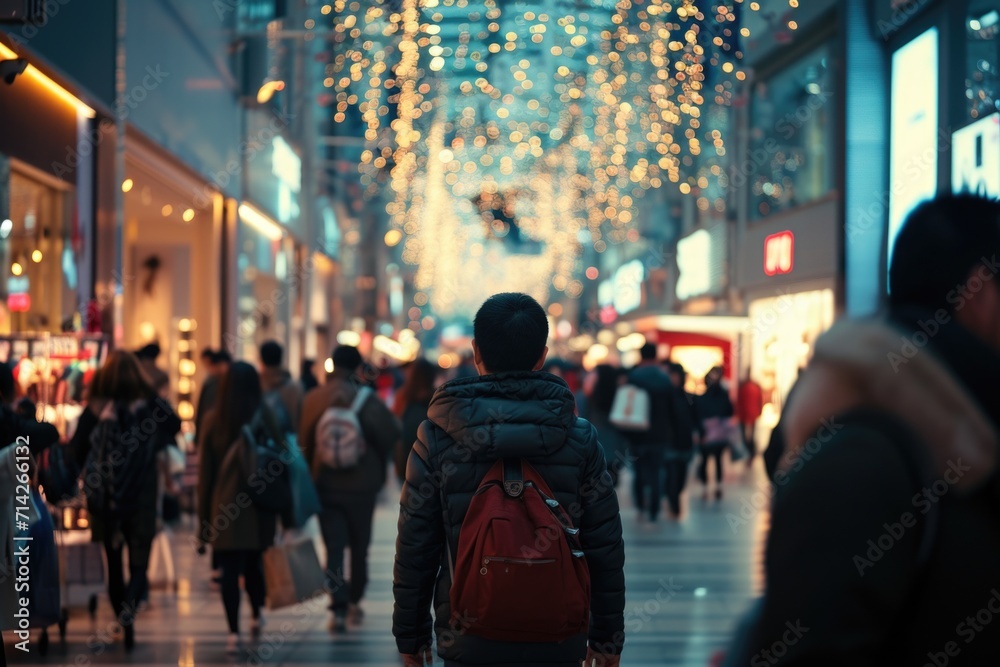 A person with a backpack walking down a busy street. Suitable for urban lifestyle, commuting, and city scenes