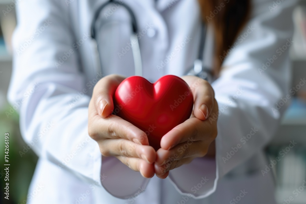 A doctor is holding a red heart in her hands. This image can be used to illustrate medical care, healthcare professionals, or the concept of love and care