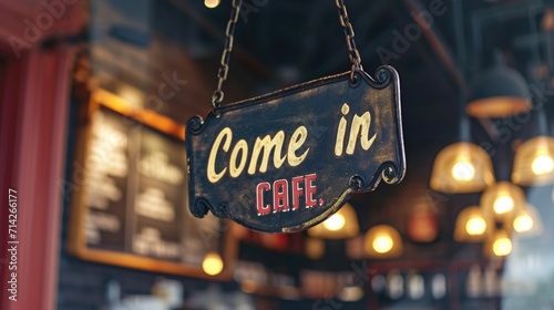 A sign with the words  come in cafe  hanging from a chain. This image can be used to showcase the entrance of a cafe or restaurant.