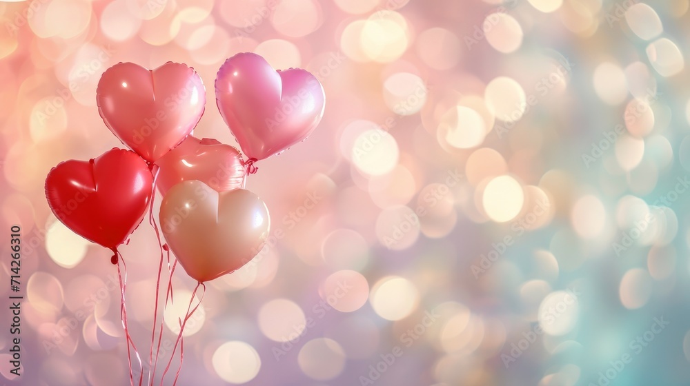Valentine's Day Heart-Shaped Balloons Floating Against a Pastel Bokeh Background, Enchanting the Atmosphere with Love and Romance. Valentine's Day Heart-Shaped Balloons Floating Against a Pastel Bokeh Background, Enchanting the Atmosphere with Love and Romance.
