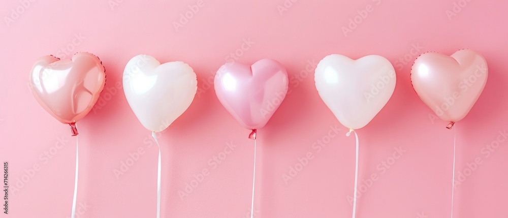 heart-shaped balloons on pink background. Valentine's Day or wedding party concept