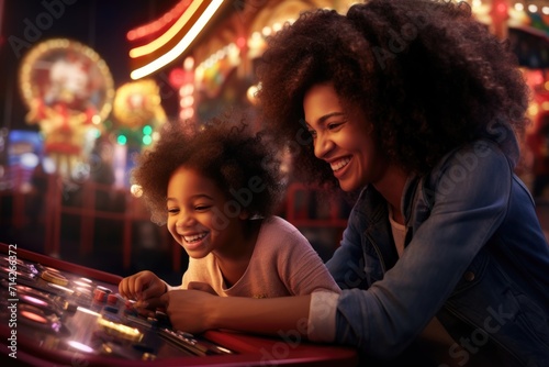 African American child and mother play at amusement park.