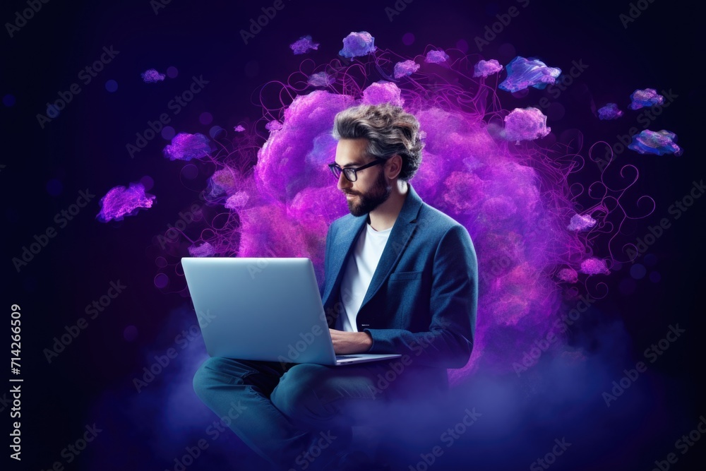 Cheerful man studying math on remote netbook Cheerful man studying math on remote netbook