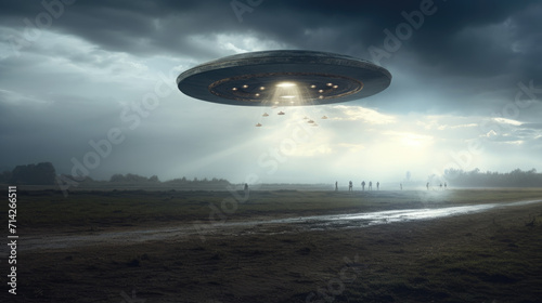 Spaceship landing on people on earth  dark cloudy sky background UFO design. Generative ai