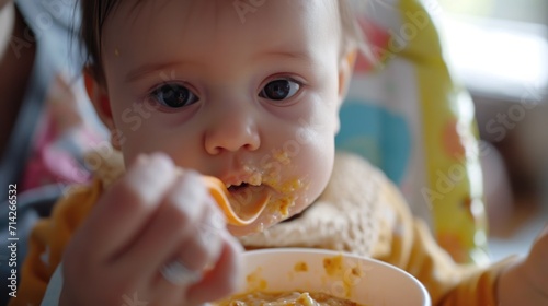 A baby is seen eating from a bowl of food. Suitable for parenting articles and baby food advertisements