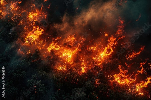 A dramatic aerial view of a fire engulfing a forest. Perfect for illustrating the destructive power of wildfires and the need for fire prevention measures.