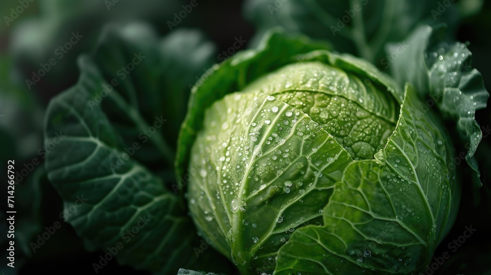 Fototapeta premium A detailed close-up of a cabbage head with glistening water droplets. This image can be used to depict freshness, healthy eating, or natural produce in various contexts