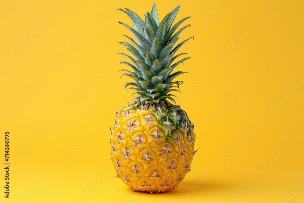 A pineapple sitting on a yellow surface. Suitable for tropical-themed designs or food-related projects