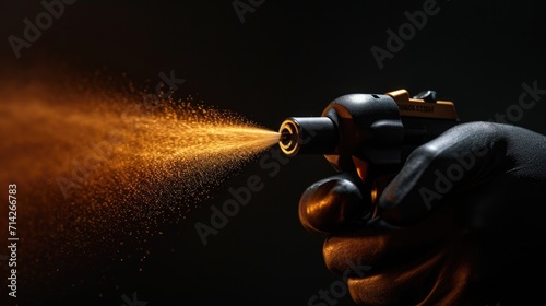 A person spraying a gun with a spray gun. Can be used to illustrate painting, DIY projects, or industrial work photo