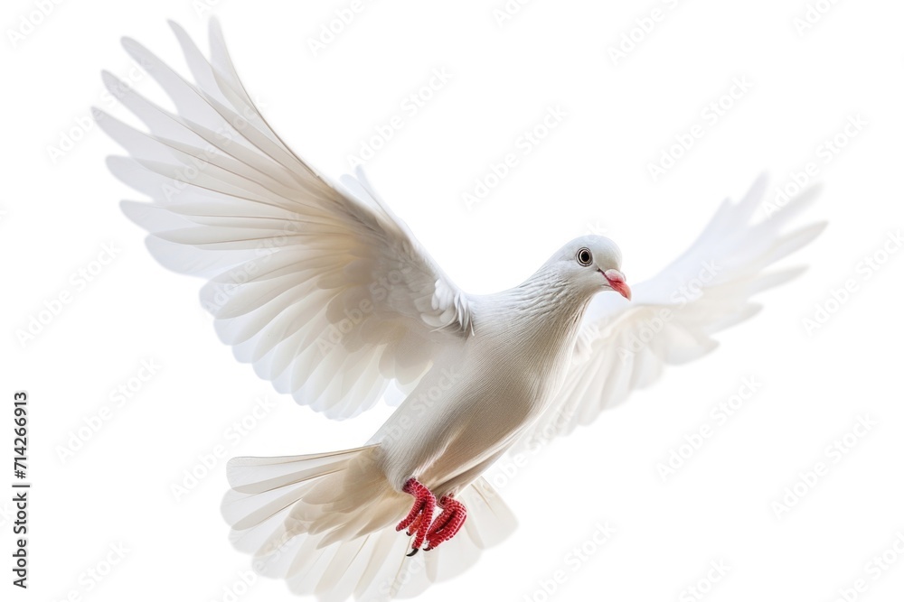 A white dove gracefully soars through the air with its wings spread wide. This image captures the beauty and freedom of this majestic bird. Perfect for illustrating peace, love, and harmony.