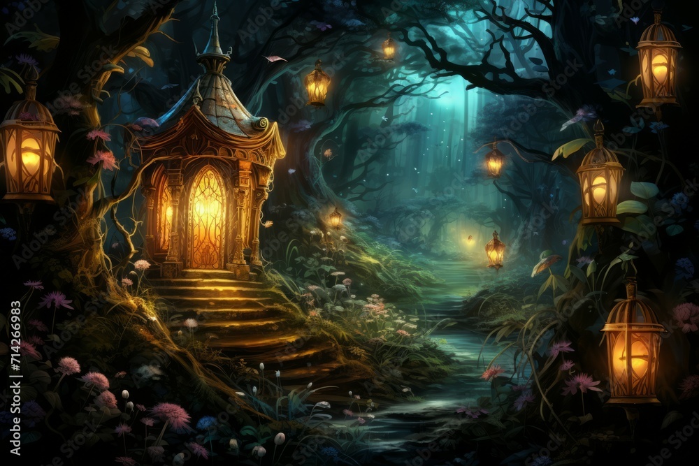 Obraz premium Mystical firefly lanterns, guiding lost souls through the depths of the enchanted forest - Generative AI