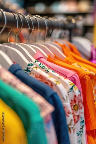 A rack of colorful shirts displayed in a clothing store. Perfect for fashion and retail-related projects