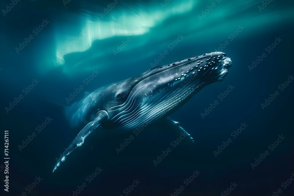 Fototapeta premium a humpback whale swims beneath the aurora lights