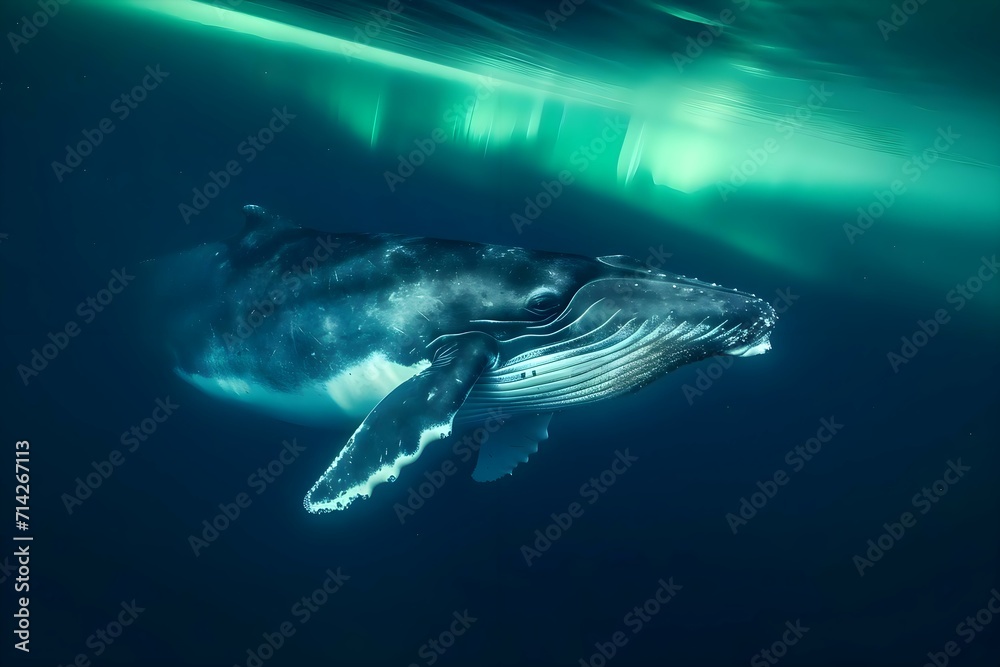 Fototapeta premium a humpback whale swims under the aurora lights
