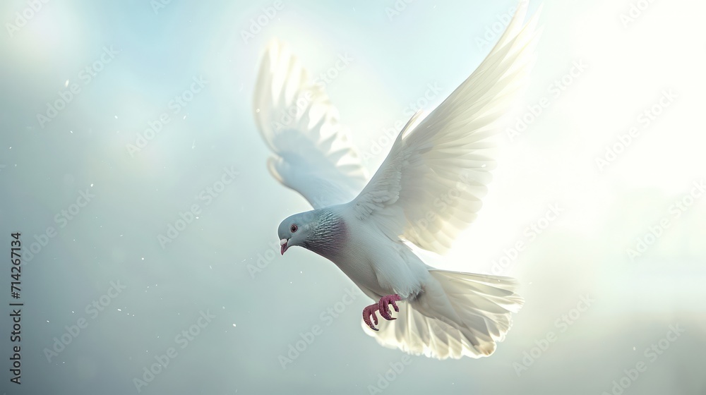 Fototapeta premium Flying white pigeon background with ample space for text, perfect for banners, advertisements, and bird lovers