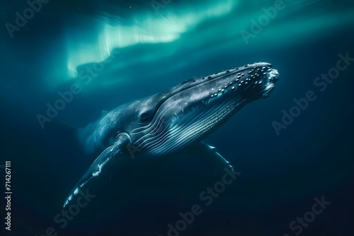a humpback whale swims beneath the aurora lights © KWY