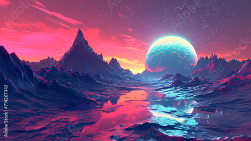 Futuristic abstract background with digital art in neon synthwave hues