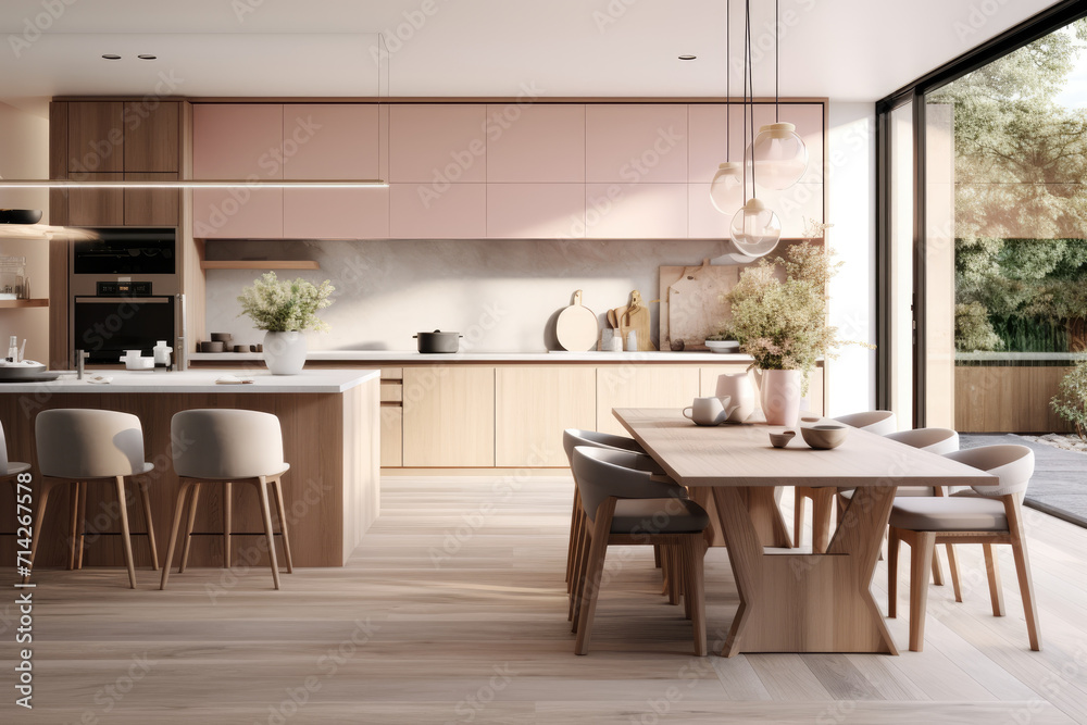 Spacious modern kitchen interior design with decoration in light pink color
