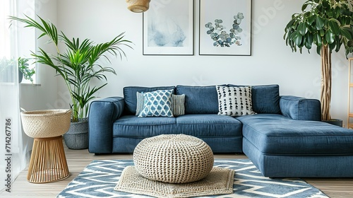 Modern living room. Two knitted pouffes near a dark blue corner sofa. Scandinavian home interior design modern living room. photo