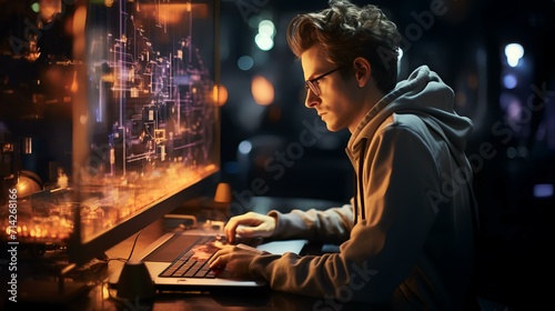 A Young Caucasian Man Sits at a Computer and Works
