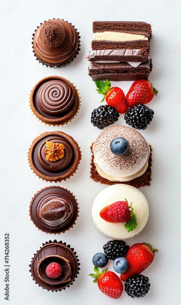 Assortment of chocolate desserts on white background. Generative AI.