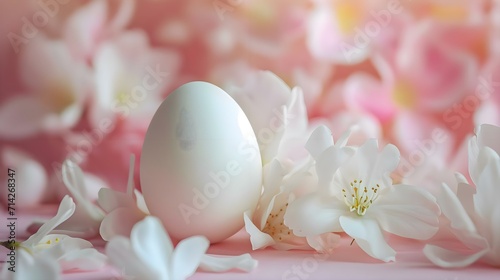 a white egg sitting on top of a table next to flowers