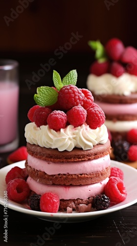 A chocolate cake with raspberries and whipped cream. Valentine's day desserts.