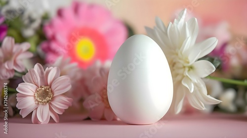 a white egg sitting on top of a table next to flowers