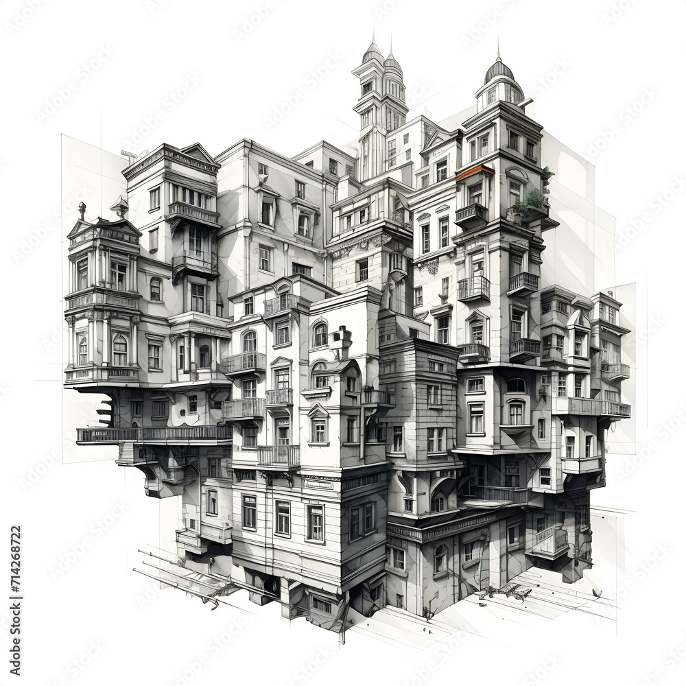 Illustration of an abstract building in line art style.