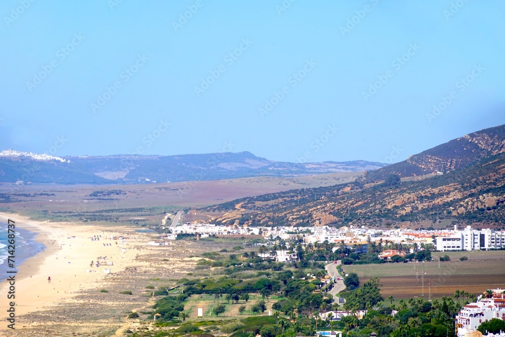 Fototapeta premium view from the mountains along the beach Playa del Cabo de la Plata towards Zahara de los Atunes, Costa de la Luz, Andalusia, Spain